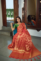 Vardha Rose Red Golden Zari Banarasi Chiffon Saree | Grocsy