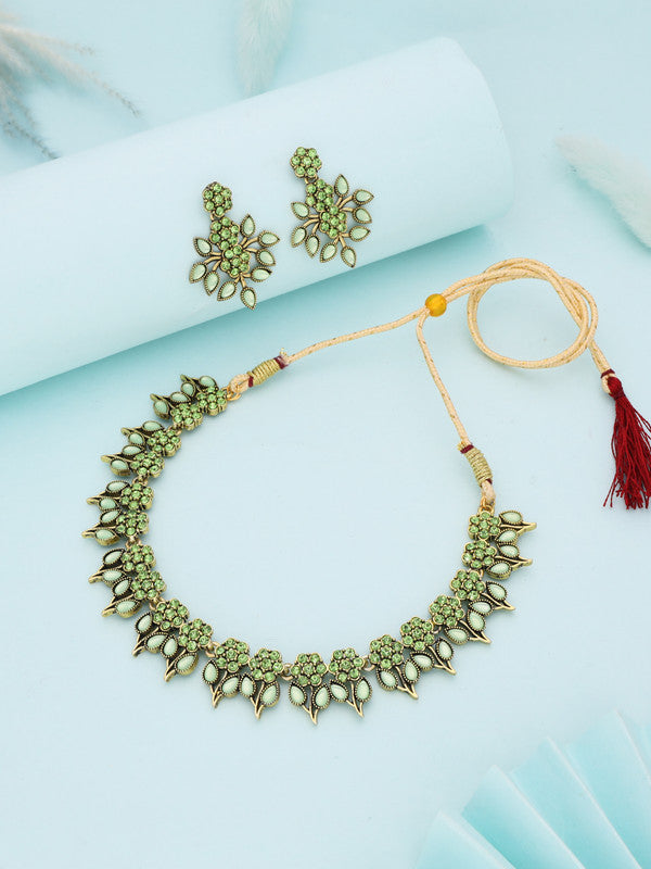 Tehzeeb Creations Sea Green Colour Gold Pleated Stone Studded Necklace With Earrings | Grocsy