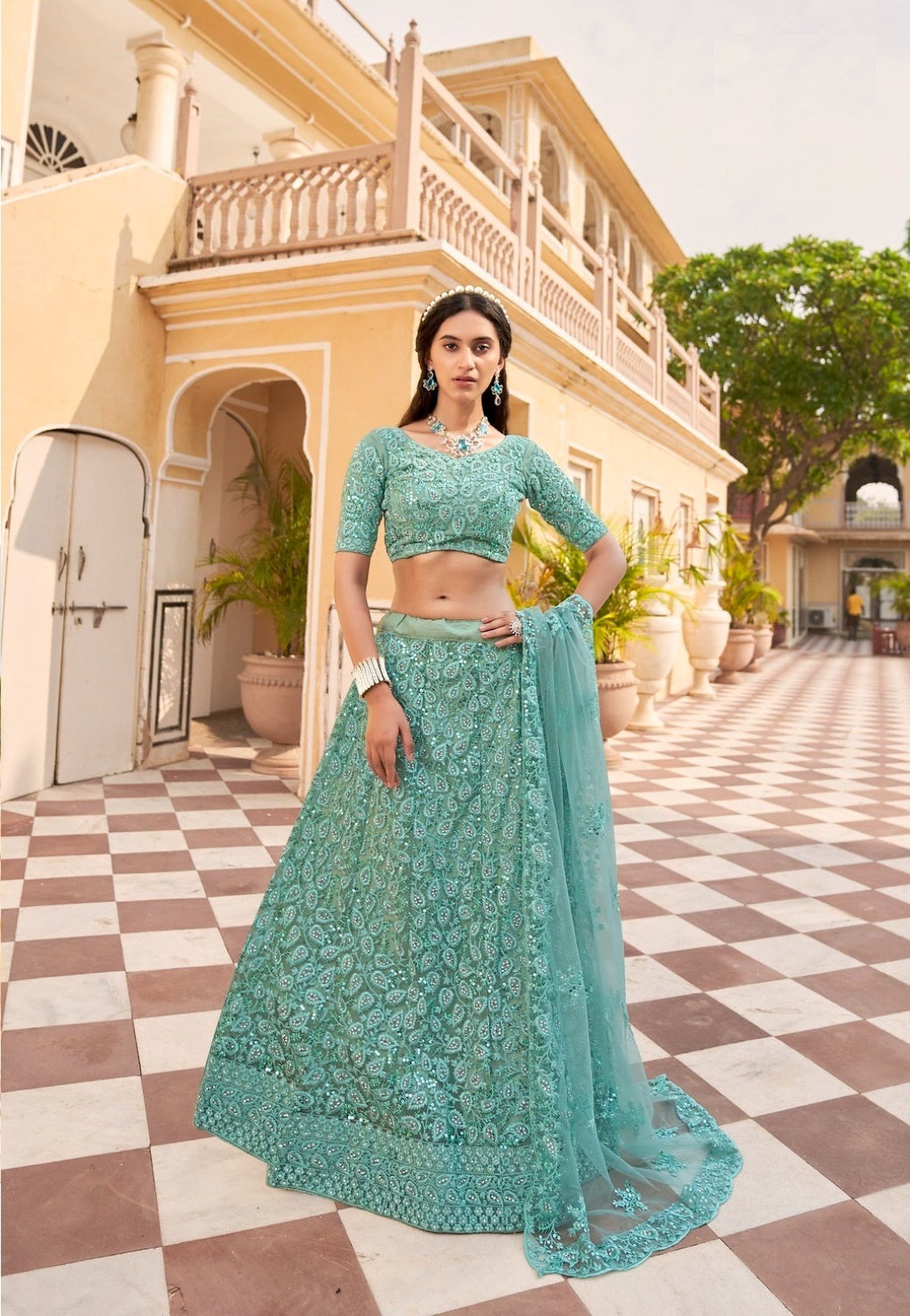 Anaita Turquoise Net Lehenga Choli With Embroidery & Sequence Work | Grocsy