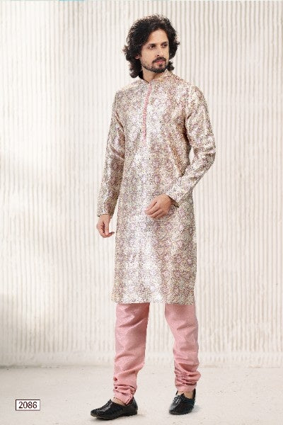 Raivat Ethnic Jacquard Banarasi Silk Digital Print Kurta Pajama In Cream Peach Colour | Grocsy