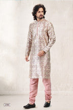 Raivat Ethnic Jacquard Banarasi Silk Digital Print Kurta Pajama In Cream Peach Colour | Grocsy