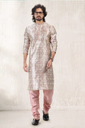 Raivat Ethnic Jacquard Banarasi Silk Digital Print Kurta Pajama In Cream Peach Colour | Grocsy