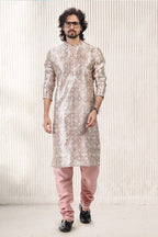 Raivat Ethnic Jacquard Banarasi Silk Digital Print Kurta Pajama In Cream Peach Colour | Grocsy