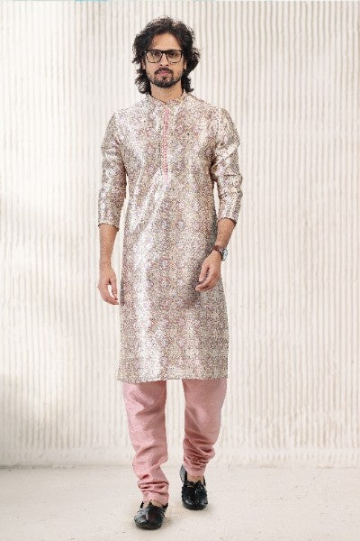 Raivat Ethnic Jacquard Banarasi Silk Digital Print Kurta Pajama In Cream Peach Colour | Grocsy
