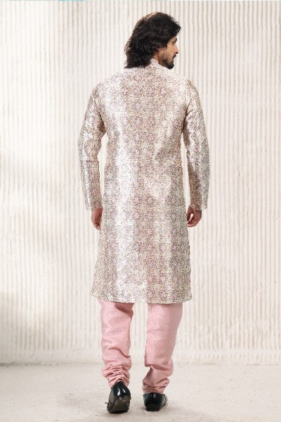 Raivat Ethnic Jacquard Banarasi Silk Digital Print Kurta Pajama In Cream Peach Colour | Grocsy