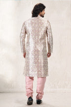 Raivat Ethnic Jacquard Banarasi Silk Digital Print Kurta Pajama In Cream Peach Colour | Grocsy