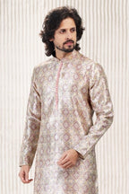 Raivat Ethnic Jacquard Banarasi Silk Digital Print Kurta Pajama In Cream Peach Colour | Grocsy
