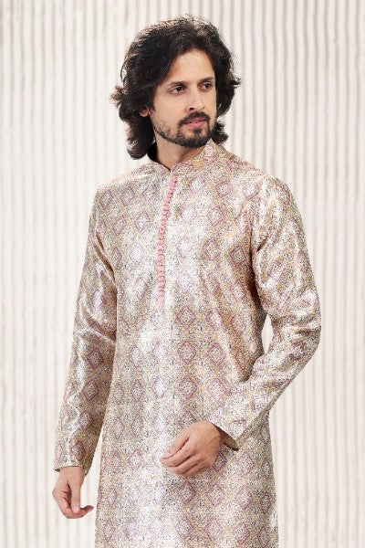 Raivat Ethnic Jacquard Banarasi Silk Digital Print Kurta Pajama In Cream Peach Colour | Grocsy
