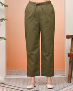 Vaasva Women Olive Green Cotton Flax Solid Straight Pants | Grocsy
