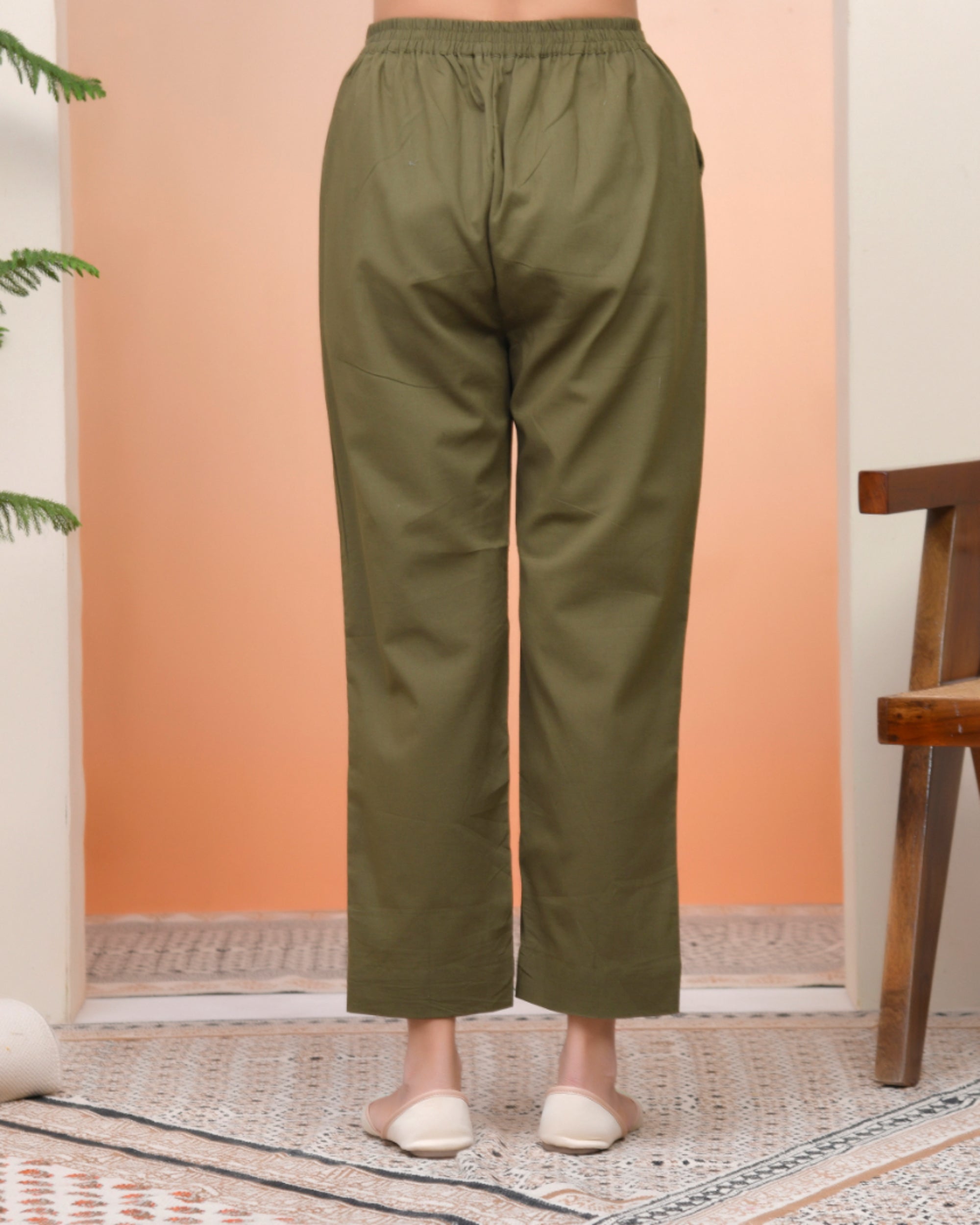 Vaasva Women Olive Green Cotton Flax Solid Straight Pants | Grocsy