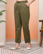 Vaasva Women Olive Green Cotton Flax Solid Straight Pants | Grocsy