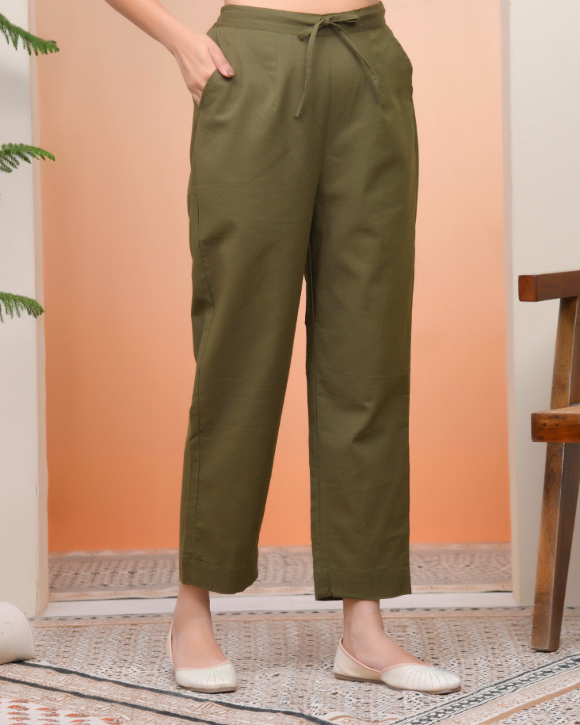 Vaasva Women Olive Green Cotton Flax Solid Straight Pants | Grocsy
