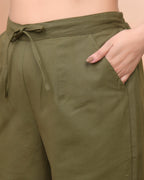 Vaasva Women Olive Green Cotton Flax Solid Straight Pants | Grocsy