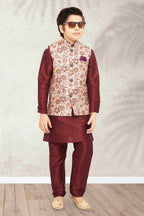 Raivat Ethnic Banarasi Silk Digital Printed Kurta Pajama With Jacket In Cream Colour | Grocsy