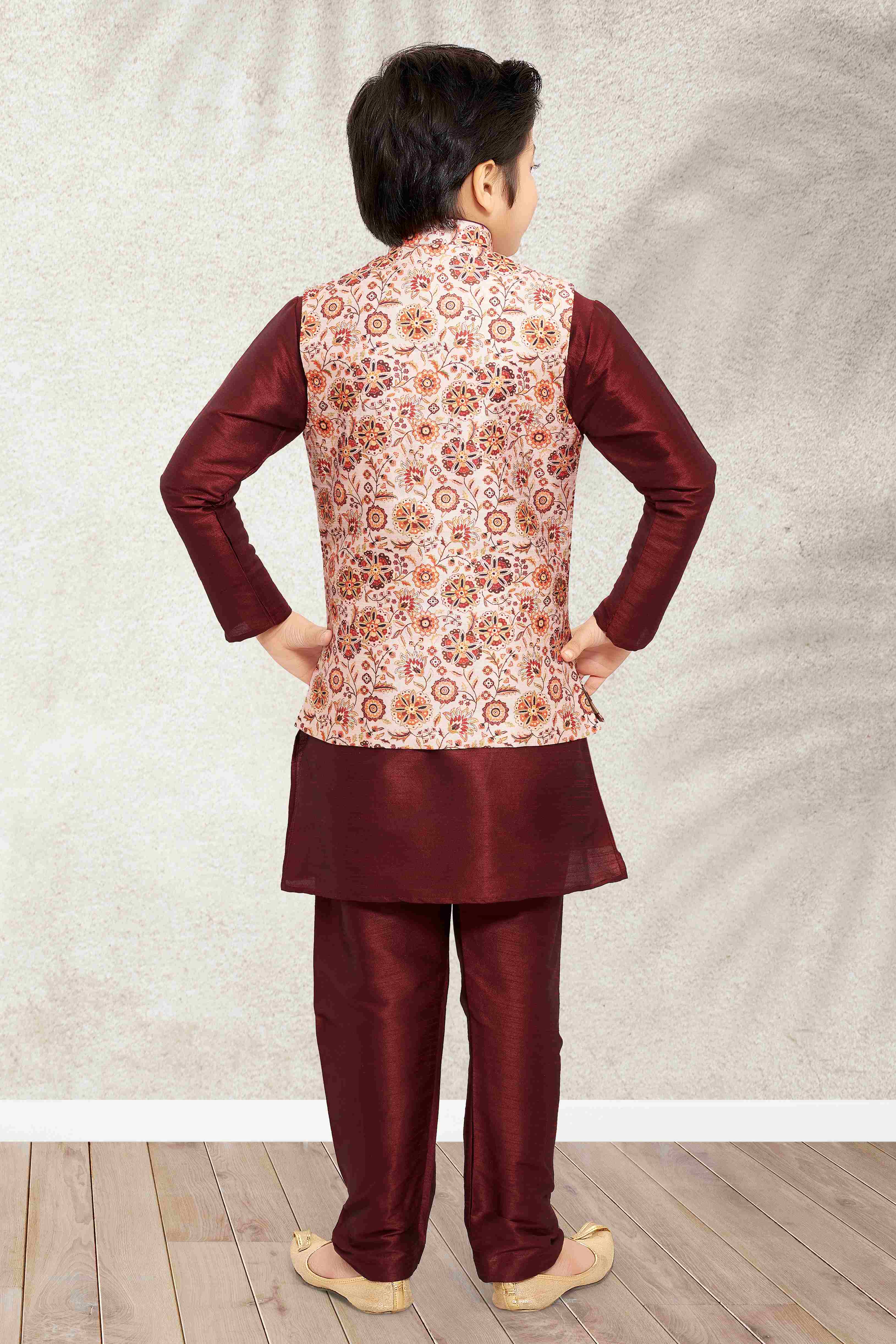 Raivat Ethnic Banarasi Silk Digital Printed Kurta Pajama With Jacket In Cream Colour | Grocsy