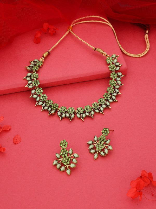 Tehzeeb Creations Sea Green Colour Gold Pleated Stone Studded Necklace With Earrings | Grocsy