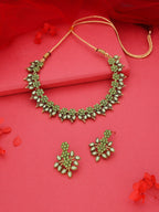 Tehzeeb Creations Sea Green Colour Gold Pleated Stone Studded Necklace With Earrings | Grocsy