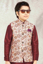Raivat Ethnic Banarasi Silk Digital Printed Kurta Pajama With Jacket In Cream Colour | Grocsy
