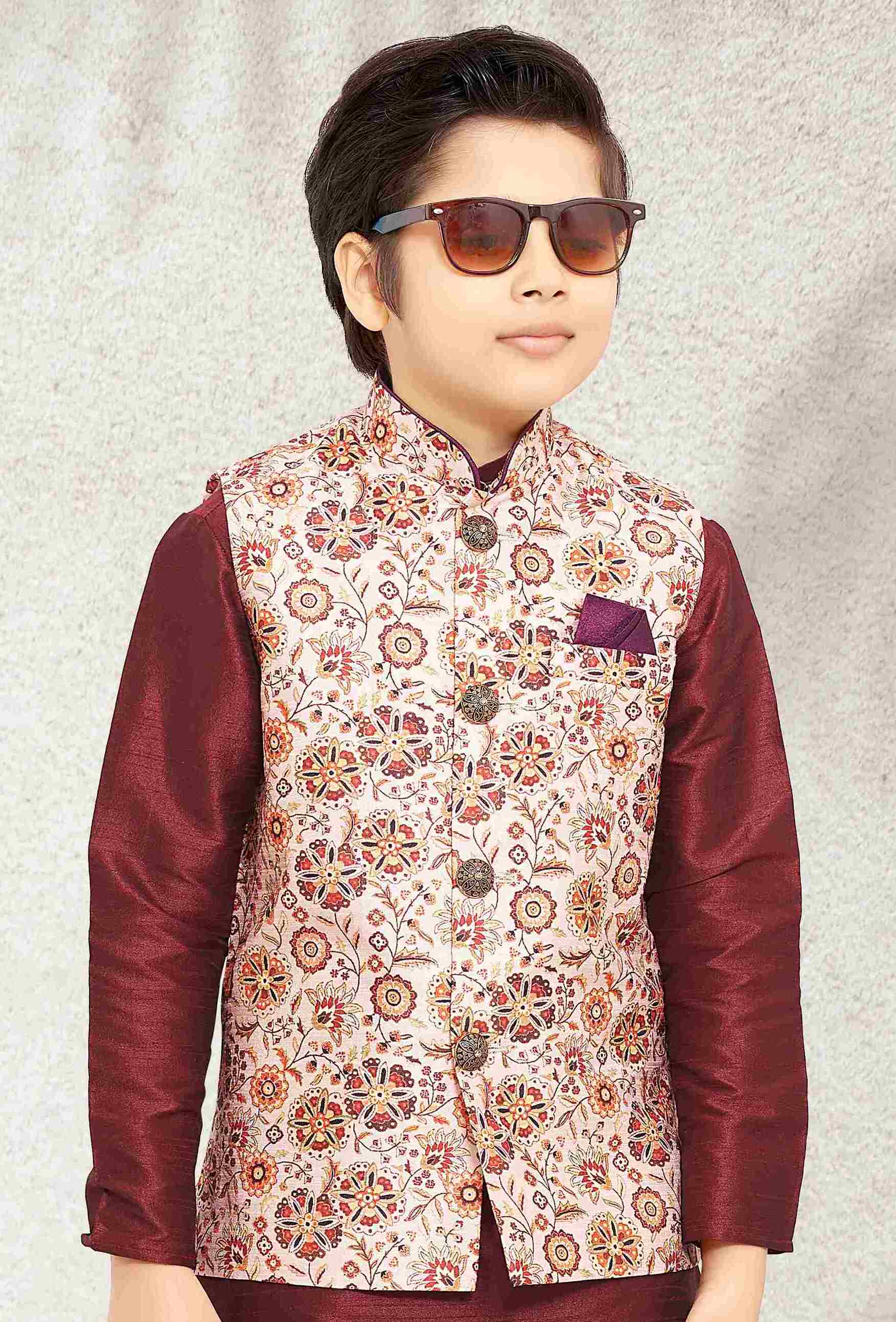 Raivat Ethnic Banarasi Silk Digital Printed Kurta Pajama With Jacket In Cream Colour | Grocsy
