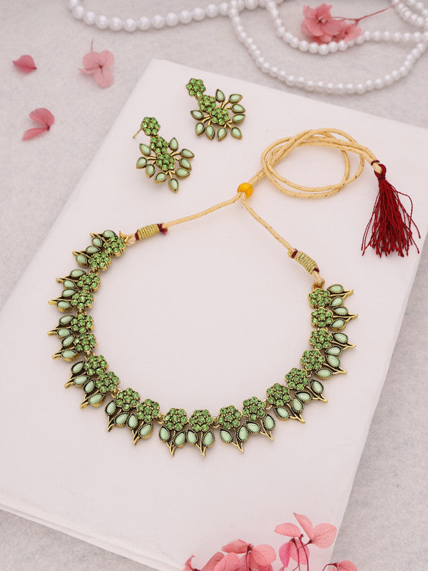 Tehzeeb Creations Sea Green Colour Gold Pleated Stone Studded Necklace With Earrings | Grocsy