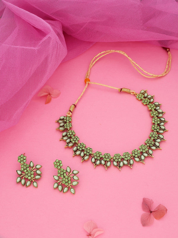 Tehzeeb Creations Sea Green Colour Gold Pleated Stone Studded Necklace With Earrings | Grocsy