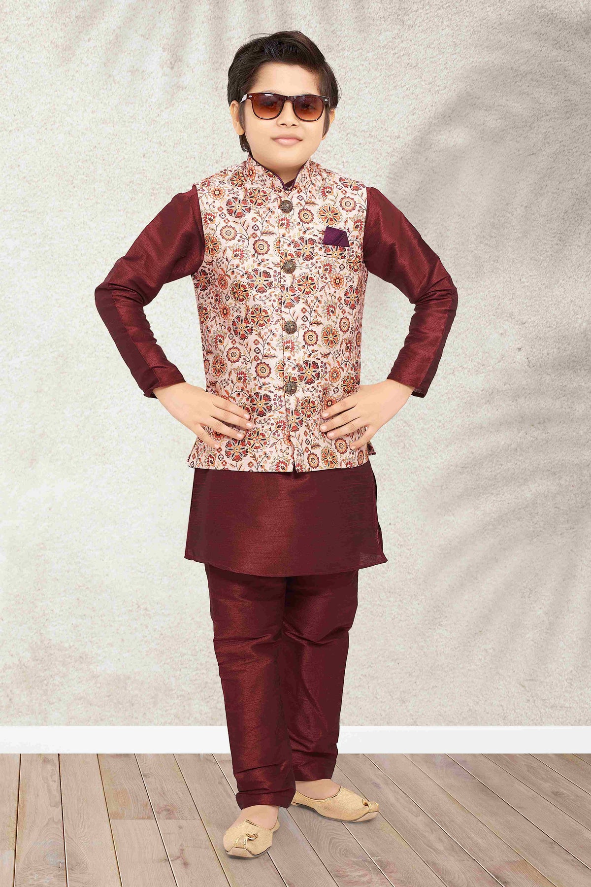 Raivat Ethnic Banarasi Silk Digital Printed Kurta Pajama With Jacket In Cream Colour | Grocsy