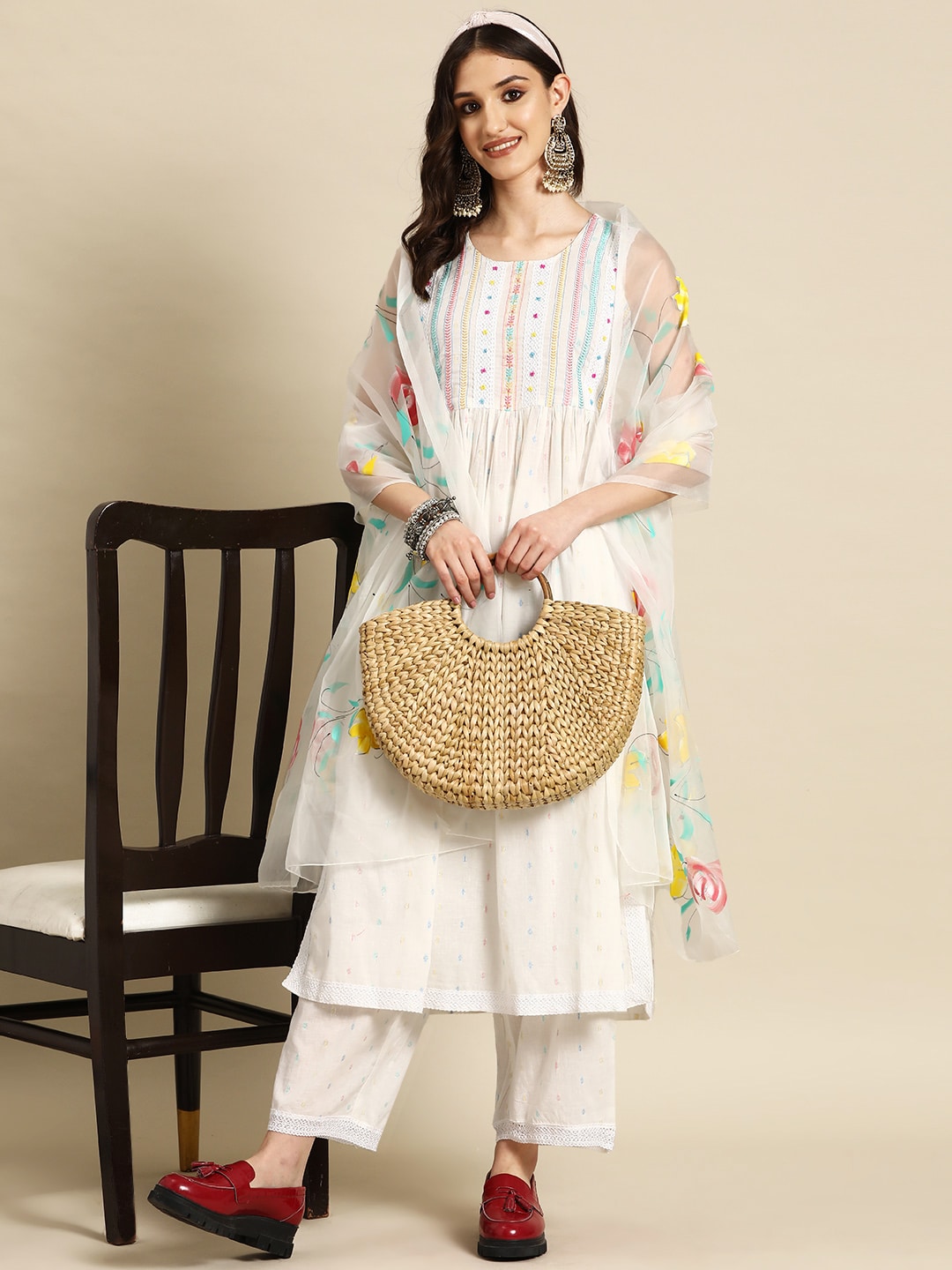 Sangria Women Embroidered Thread Work Pure Cotton Kurta with Palazzos & With Dupatta | Grocsy