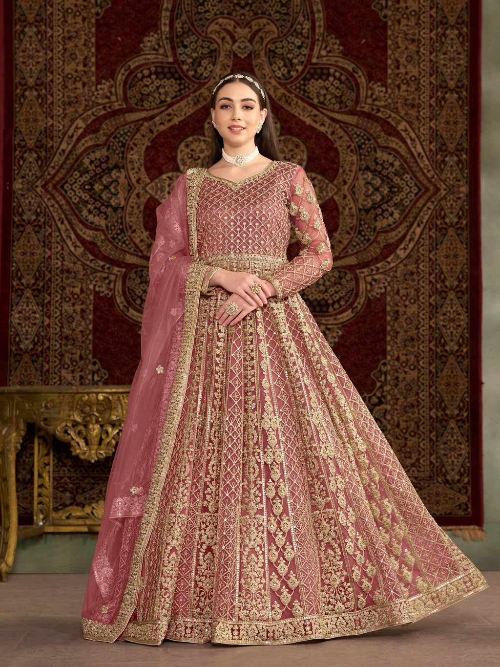 Anaita Peach Embroidered Net Anarkali Suit | Grocsy