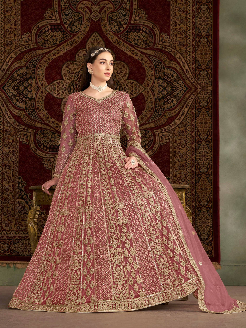 Anaita Peach Embroidered Net Anarkali Suit | Grocsy