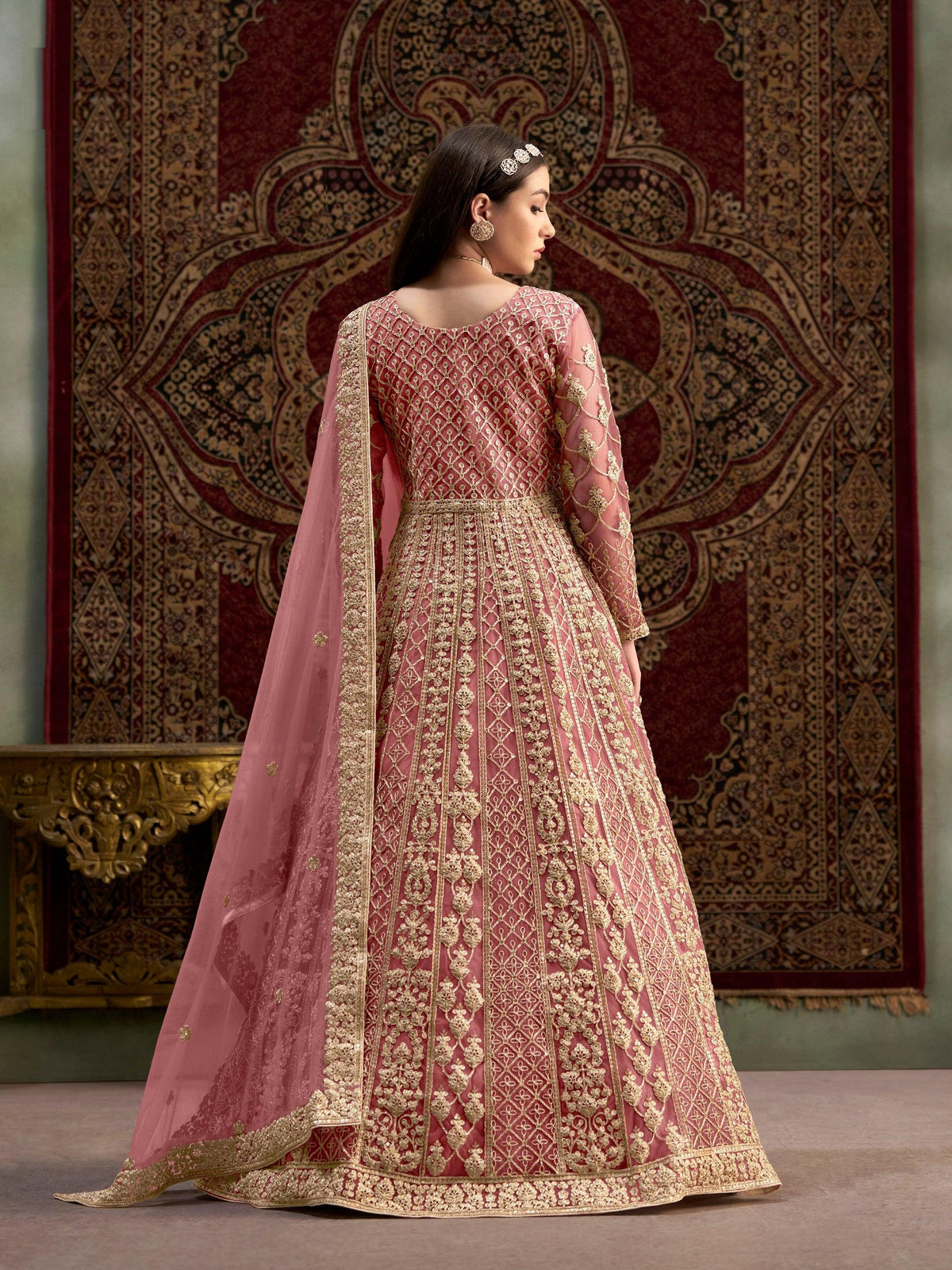 Anaita Peach Embroidered Net Anarkali Suit | Grocsy
