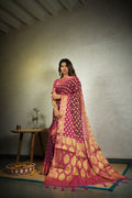Vardha Magenta Pink Golden Zari Banarasi Chiffon Saree | Grocsy