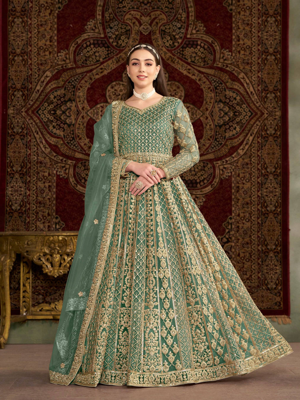 Anaita Green Embroidered Net Anarkali Suit | Grocsy