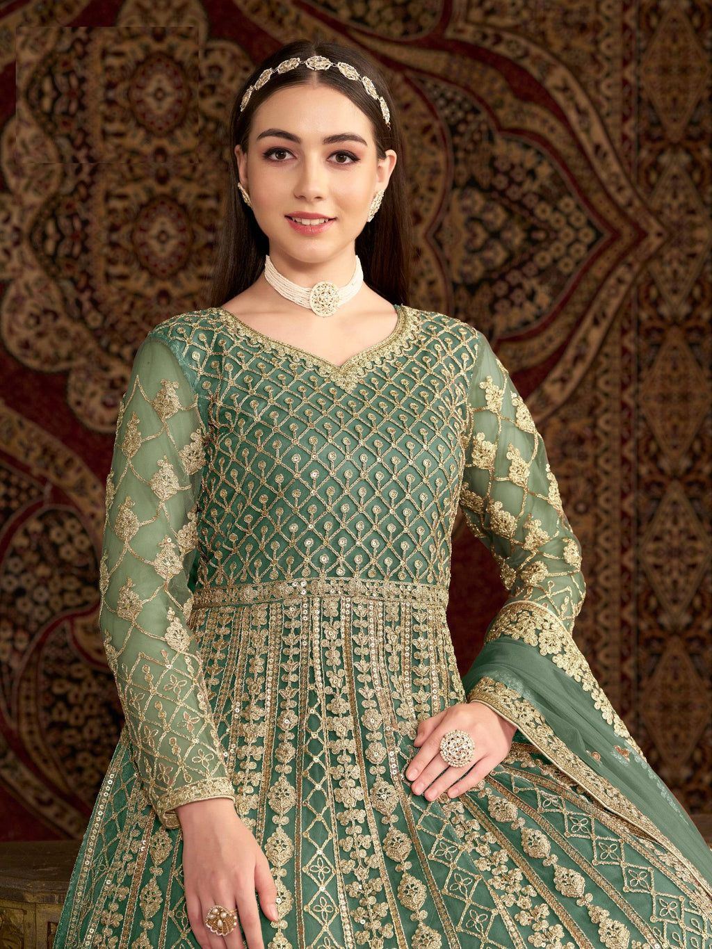 Anaita Green Embroidered Net Anarkali Suit | Grocsy