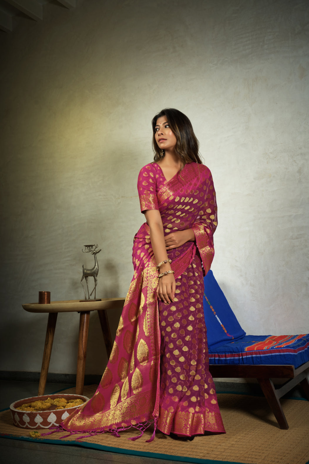 Vardha Magenta Pink Golden Zari Banarasi Chiffon Saree | Grocsy