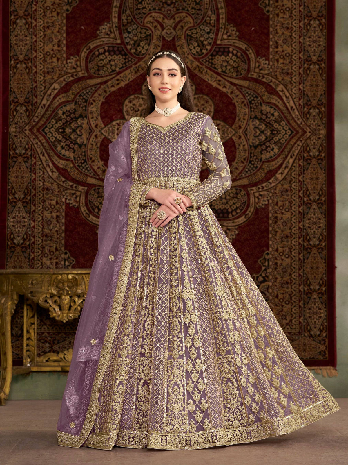 Anaita Purple Embroidered Net Anarkali Suit | Grocsy
