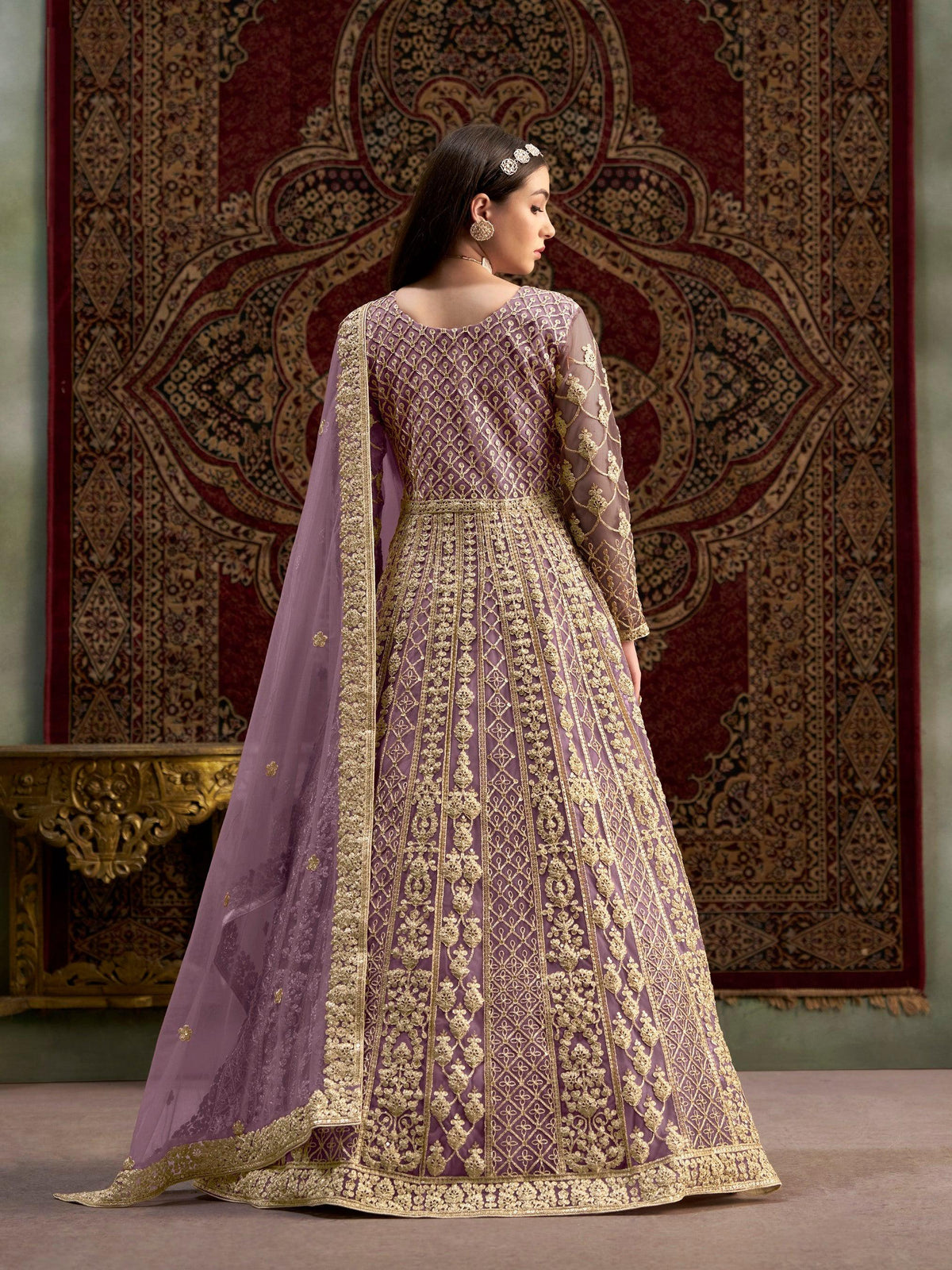 Anaita Purple Embroidered Net Anarkali Suit | Grocsy