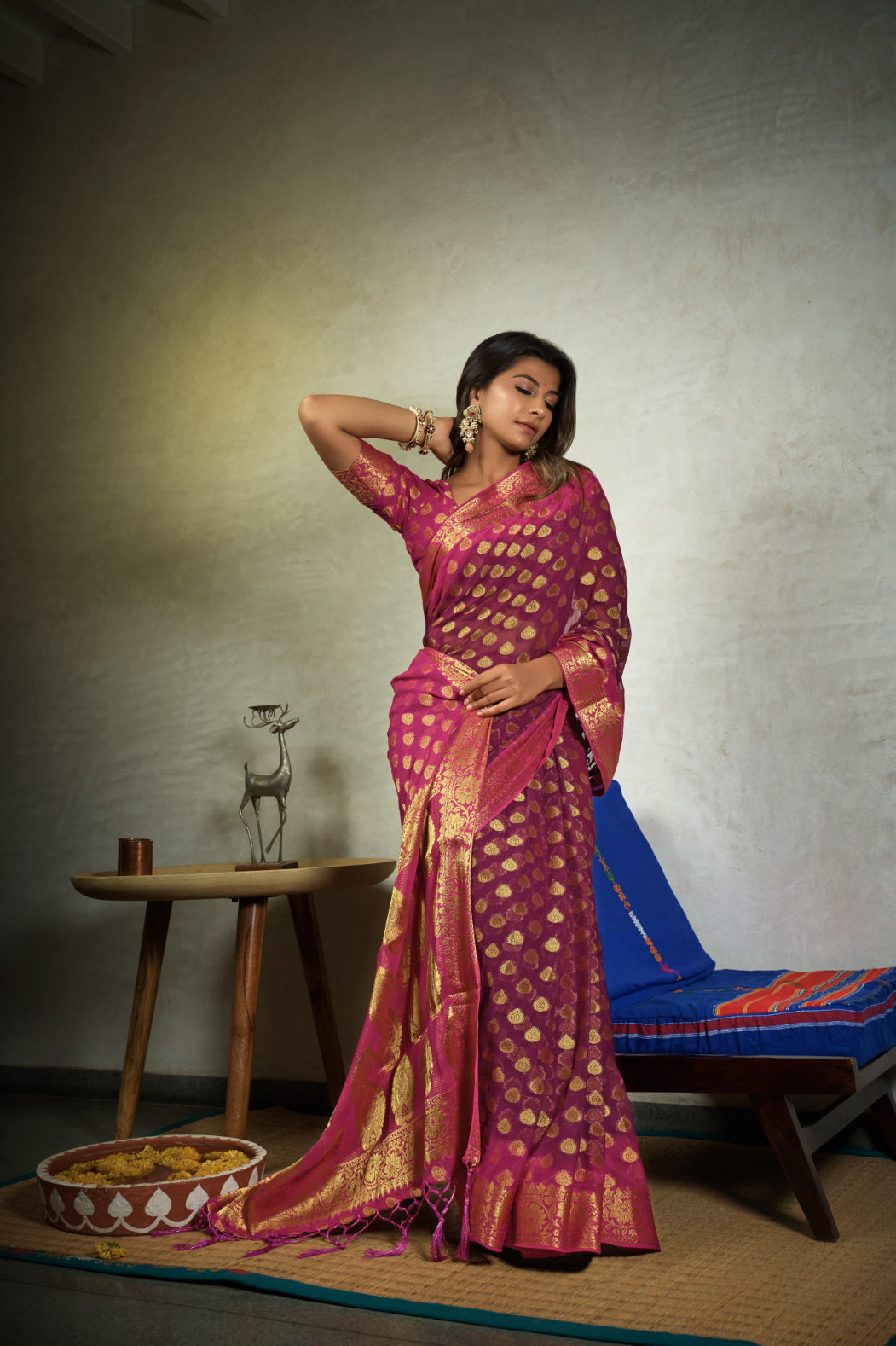 Vardha Magenta Pink Golden Zari Banarasi Chiffon Saree | Grocsy