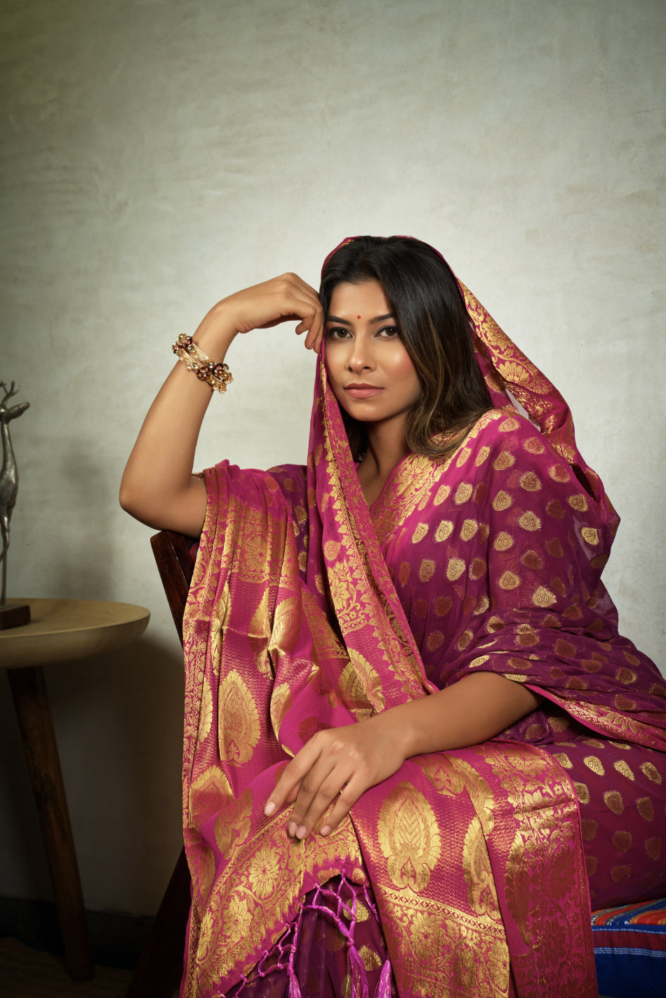 Vardha Magenta Pink Golden Zari Banarasi Chiffon Saree | Grocsy