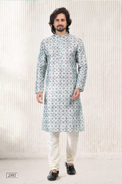 Raivat Ethnic Jacquard Banarasi Silk Digital Print Kurta Pajama In Green Colour | Grocsy