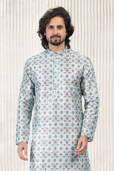 Raivat Ethnic Jacquard Banarasi Silk Digital Print Kurta Pajama In Green Colour | Grocsy