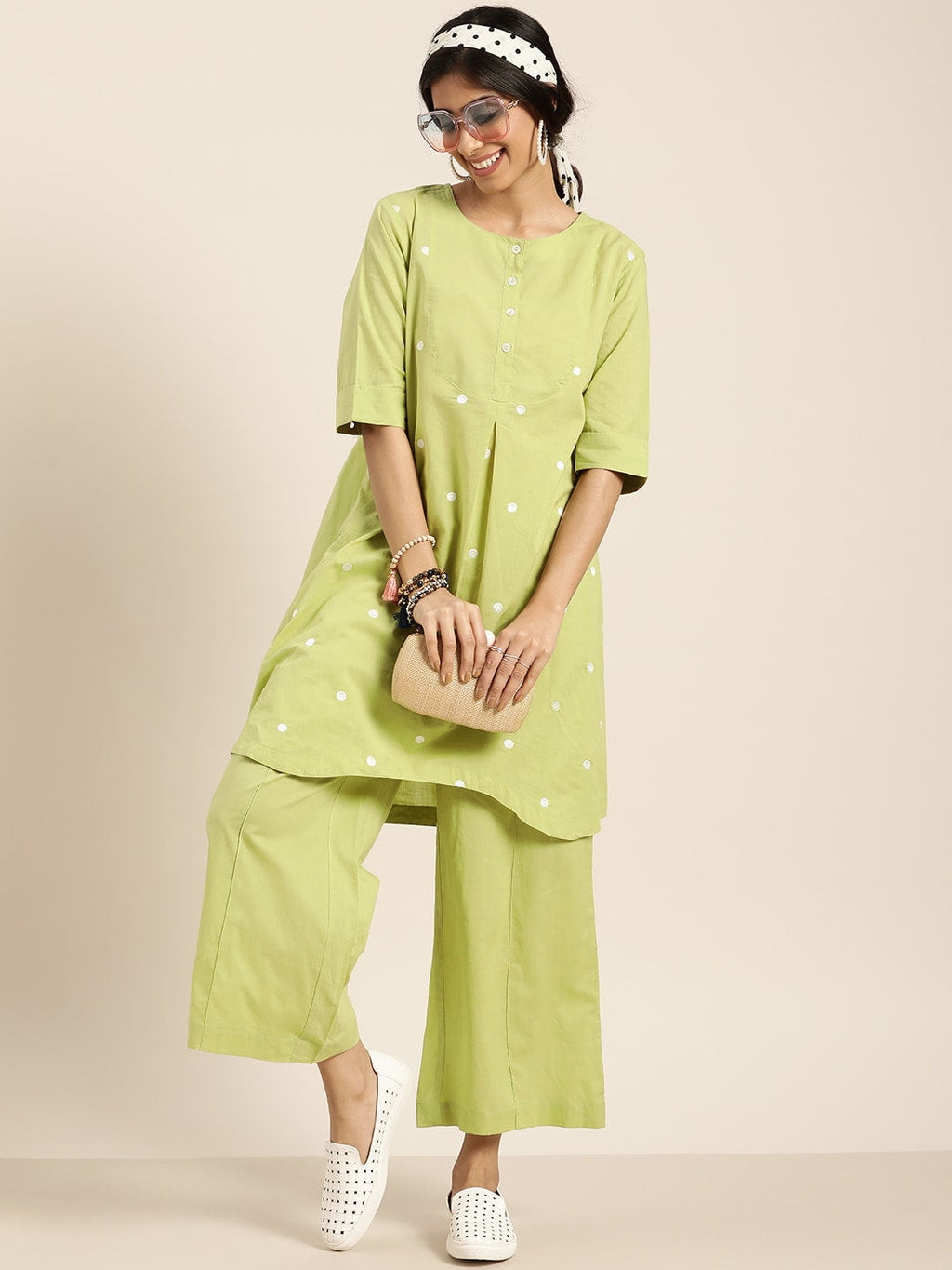 Sangria Women Green & White Embroidered Pure Cotton Asymmetric Kurta with Palazzos | Grocsy