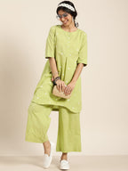 Sangria Women Green & White Embroidered Pure Cotton Asymmetric Kurta with Palazzos | Grocsy