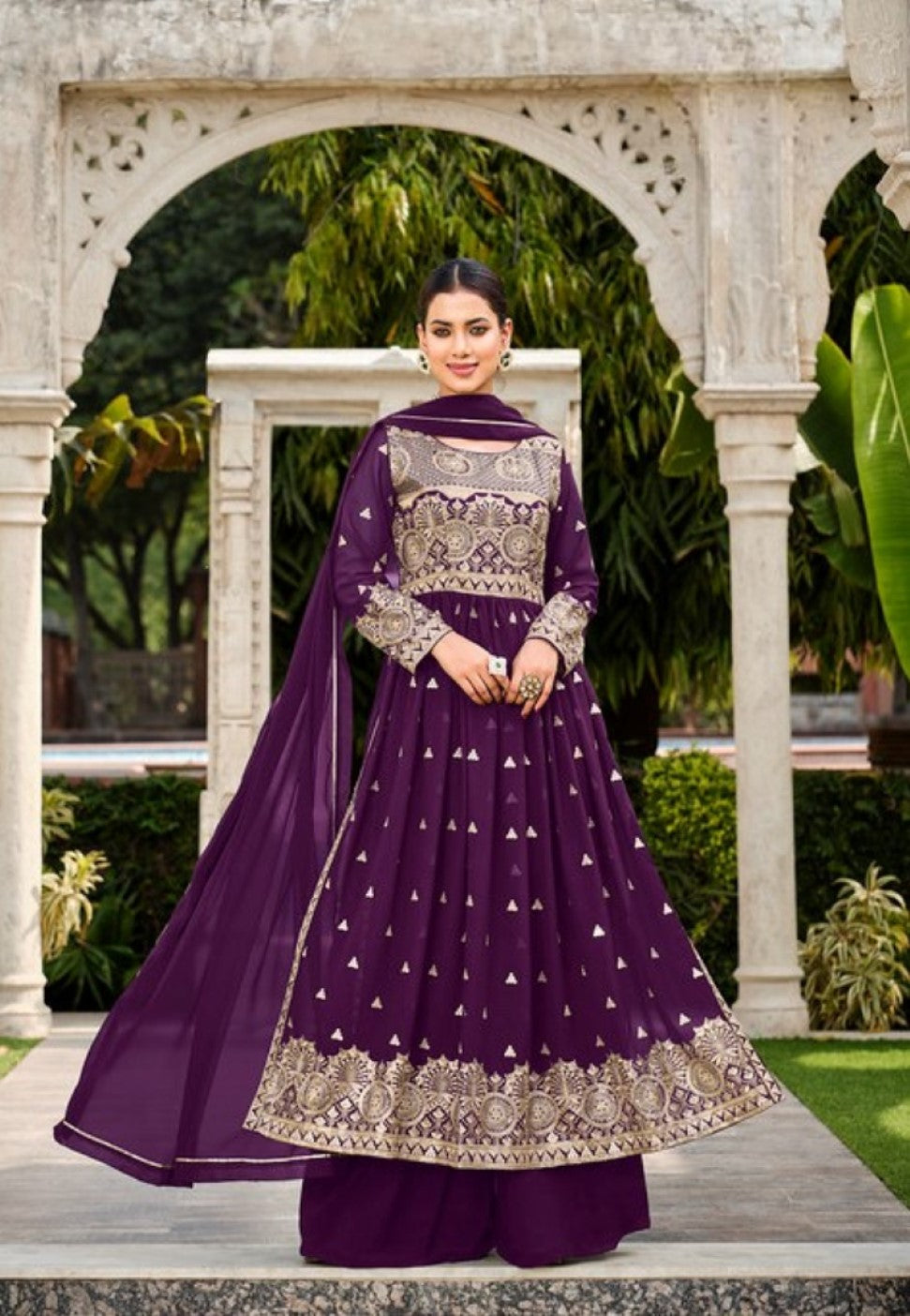 Anaita Purple Faux Georgette Plazzo Suit With Embroidery & Sequins Work | Grocsy