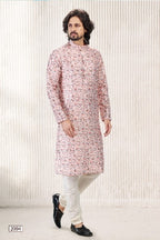 Raivat Ethnic Jacquard Banarasi Silk Digital Print Kurta Pajama In Peach Colour | Grocsy