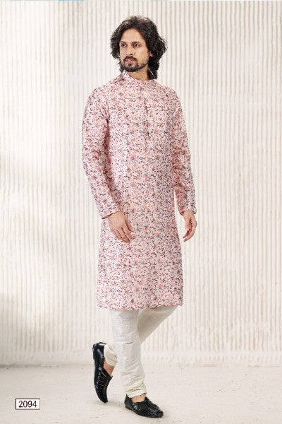 Raivat Ethnic Jacquard Banarasi Silk Digital Print Kurta Pajama In Peach Colour | Grocsy