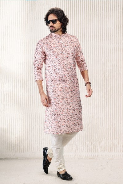 Raivat Ethnic Jacquard Banarasi Silk Digital Print Kurta Pajama In Peach Colour | Grocsy