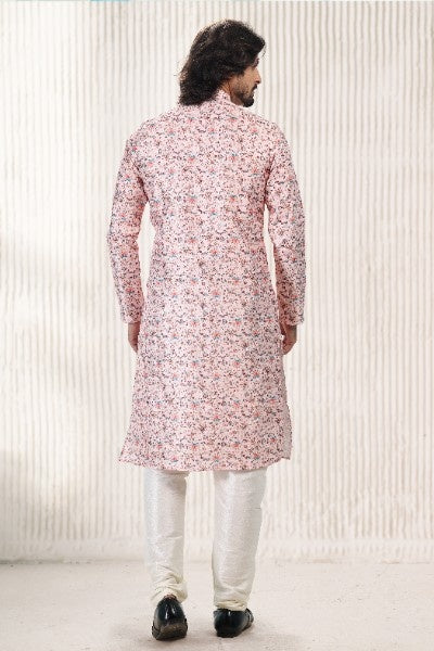Raivat Ethnic Jacquard Banarasi Silk Digital Print Kurta Pajama In Peach Colour | Grocsy