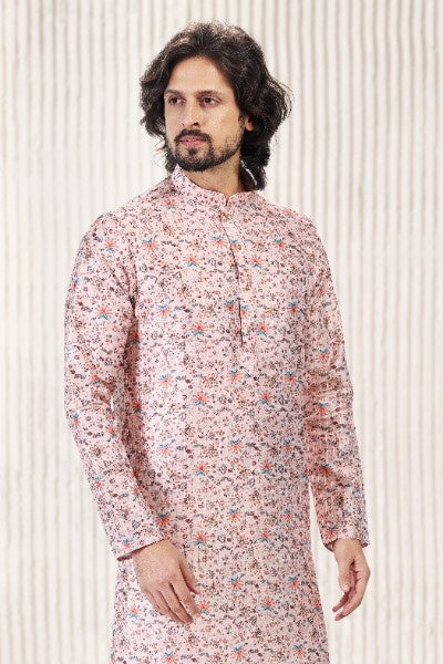 Raivat Ethnic Jacquard Banarasi Silk Digital Print Kurta Pajama In Peach Colour | Grocsy