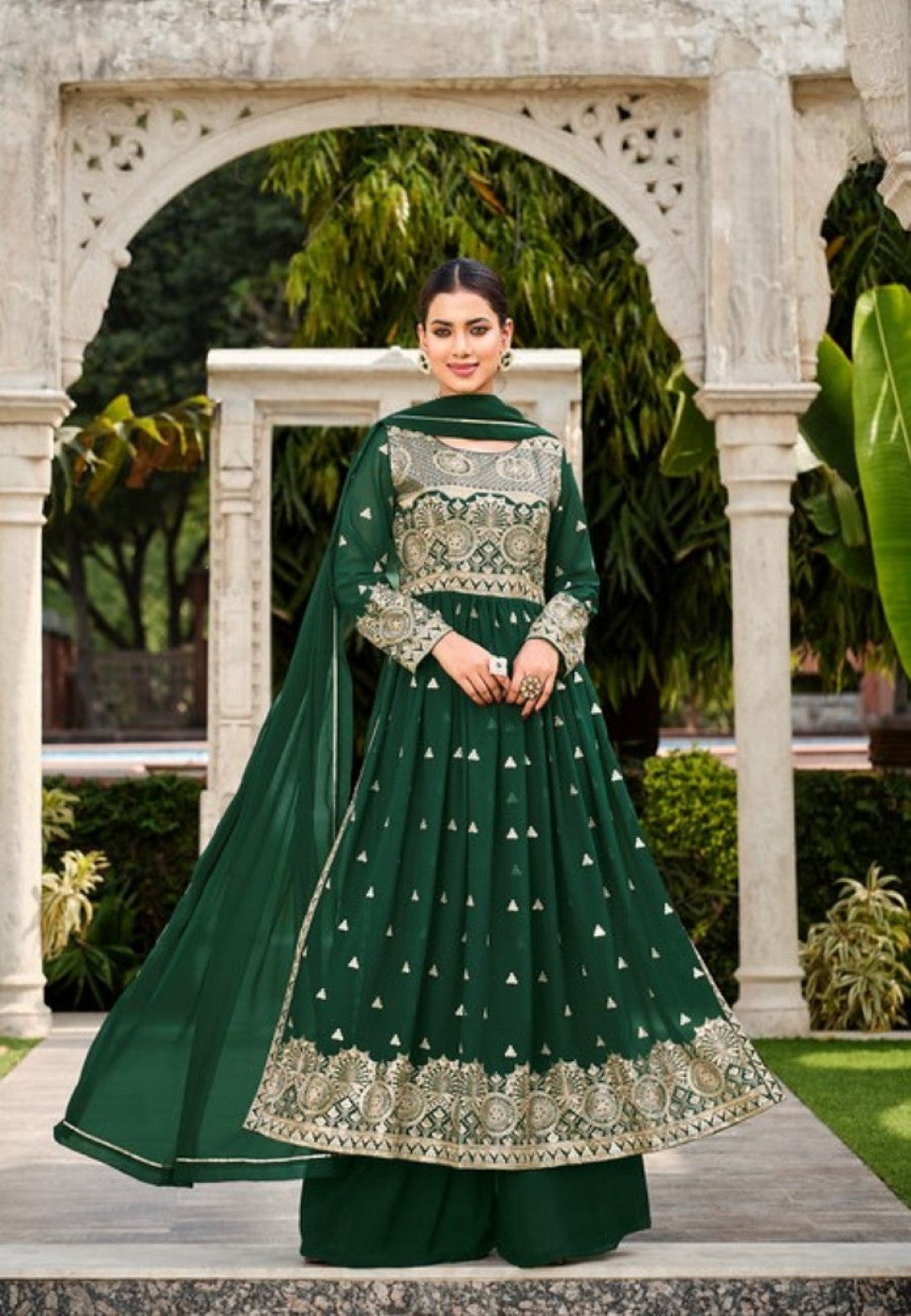 Anaita D Green Faux Georgette Plazzo Suit With Embroidery & Sequins Work | Grocsy