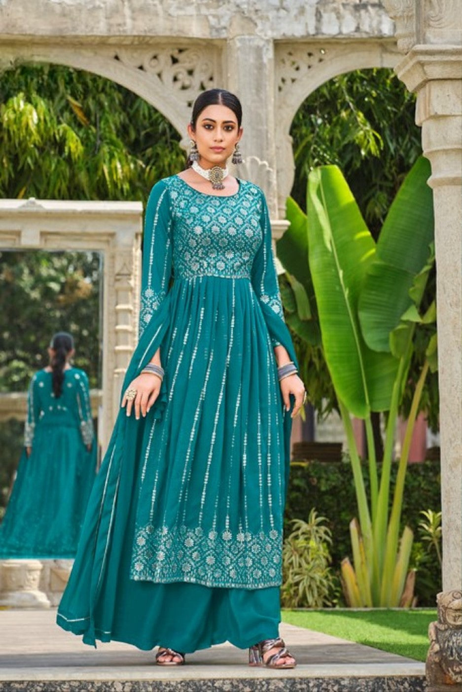 Anaita Blue Faux Georgette Plazzo Suit With Embroidery & Sequins Work | Grocsy